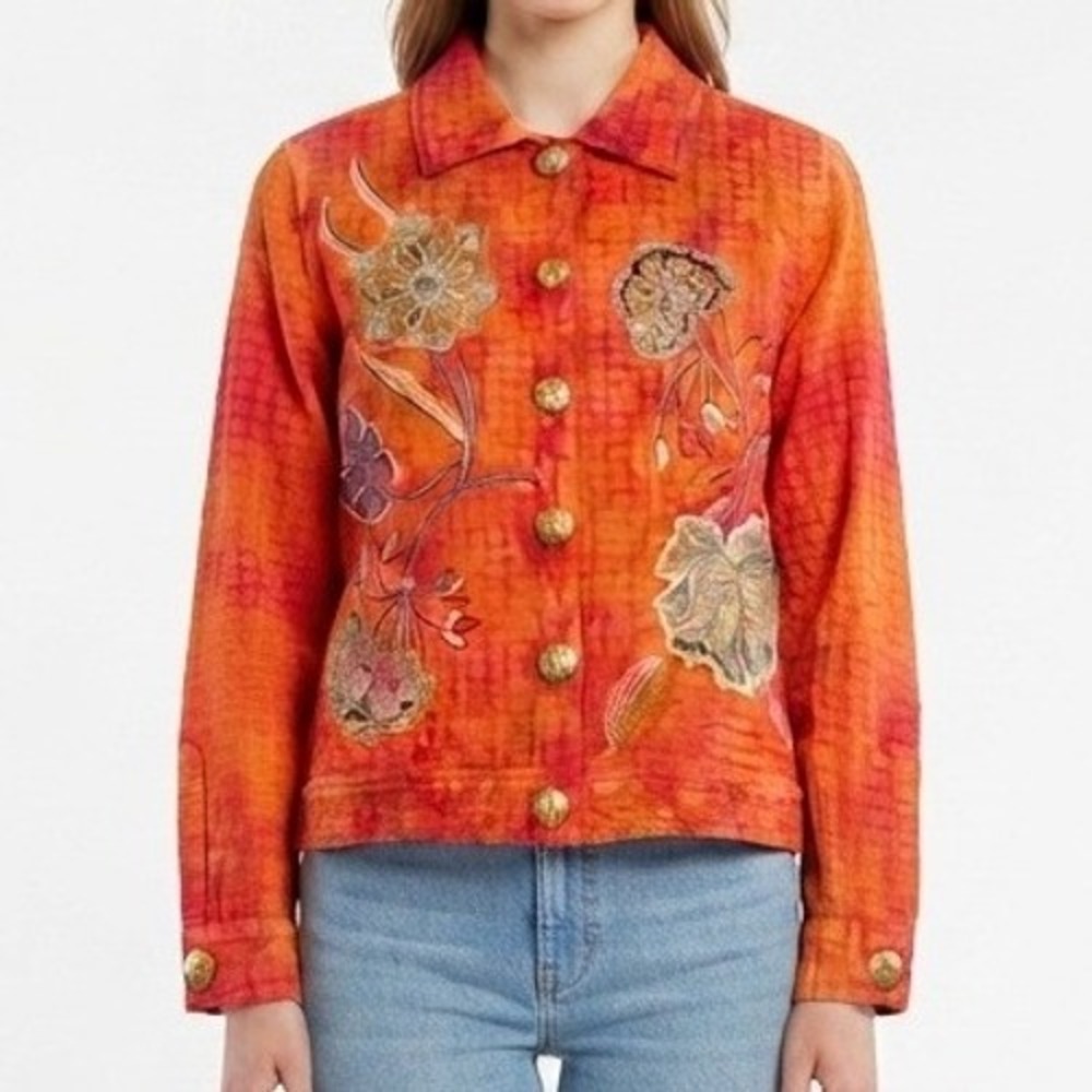 Julia Kin Jacket Womens Small‎ Orange Tie Dye Floral Embroidered Boho Button Up